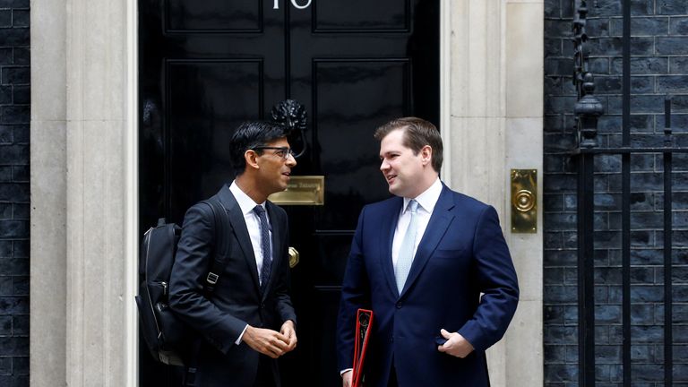 Britain's Housing Secretary Robert Jenrick and Chief Secretary to the Treasury Rishi Sunak are seen outside Downing Street in London, Britain, October 3, 2019. REUTERS/Henry Nicholls