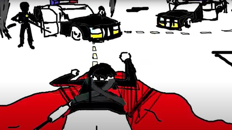 Une capture d'écran d'une animation grossière dans l'un des clips de Crimo.  Il le montre dans une mare de sang après avoir été abattu par la police