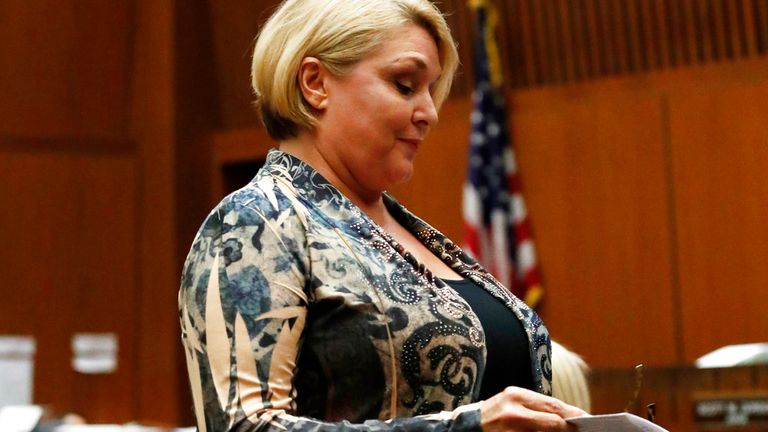 Samantha Geimer speaks at Los Angeles Superior Court for a motion hearing in Los Angeles Friday, June 9, 2017. Geimer told Los Angeles Superior Court Judge Scott Gordon, left, that she wanted the case to end, either with an outright dismissal or by the judge sentencing Polanski without him being present. Polanski&#39;s repeated requests for the same rulings have been denied. (Paul Buck/Pool Photo via AP)
