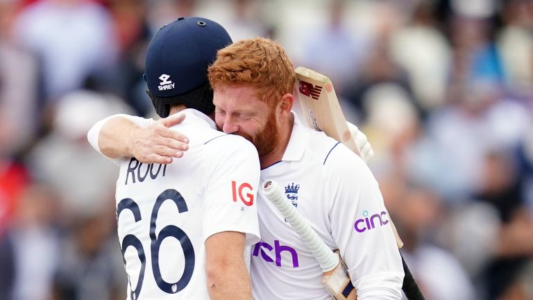 England&#39;s Joe Root and Jonny Bairstow celebrate after victory over India 