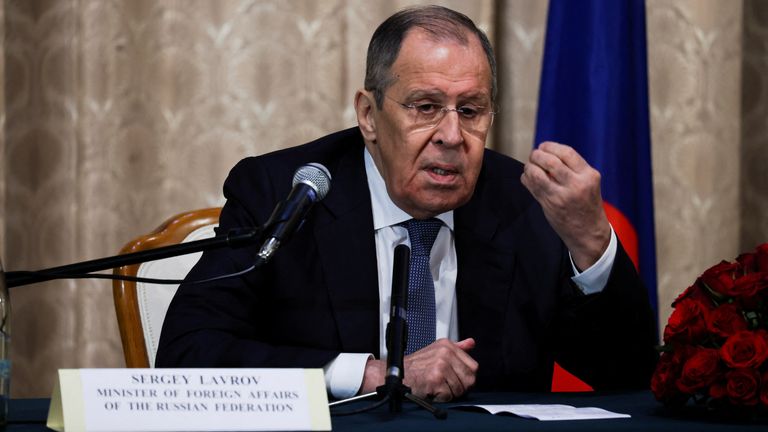 Russian Foreign Minister Sergei Lavrov addresses ambassadors at the Russian Embassy during his visit to Addis Ababa, Ethiopia, July 27, 2022. REUTERS/Tiksa Negeri