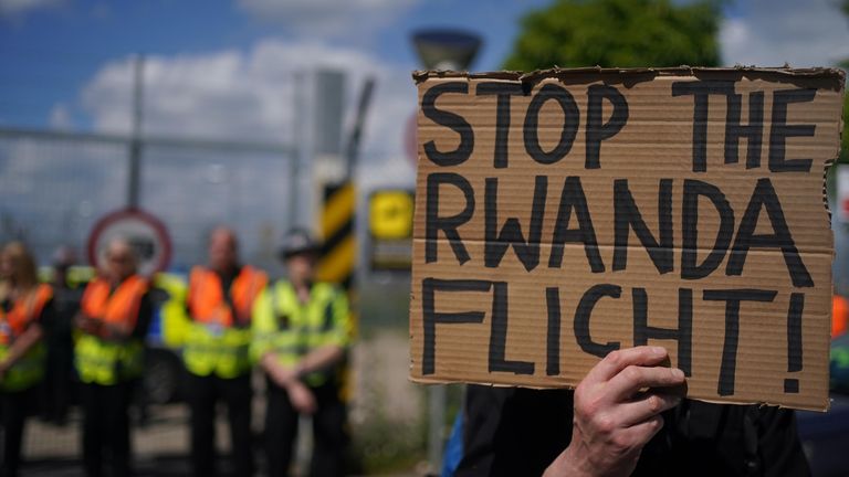 File photo dated 12/06/22 of demonstrators at a removal centre at Gatwick protest against plans to send migrants to Rwanda, as celebrities including Olympian Anita Asante and actress Dame Emma Thompson have urged Commonwealth leaders to stand against Britain&#39;s "ill-planned" and "offensive" scheme to send asylum seekers to Rwanda.

