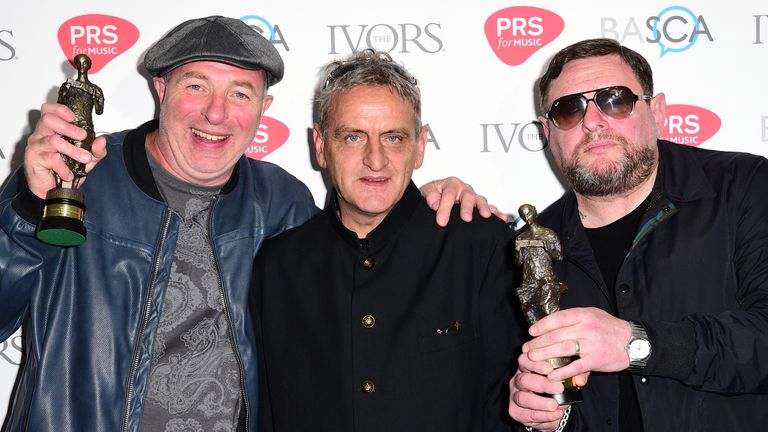 (left to right) Mark Day, Paul Ryder and Shaun Ryder of The Happy Mondays with the Inspiration Award during the 61st Annual Ivor Novello Music Awards. Paul Ryder, bass player and founding member of the Happy Mondays, has died aged 58, the band has announced. Issue date: Friday July 15, 2022.