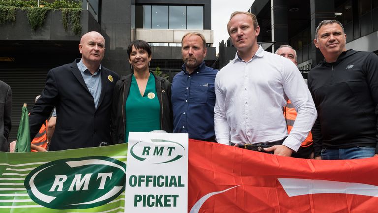 Sam Tarry, in the light shirt, joined picketers outside London&#39;s Euston Station, including RMT boss Mick Lynch (left). Pic: Wiktor Szymanowicz/Shutterstock/Rex