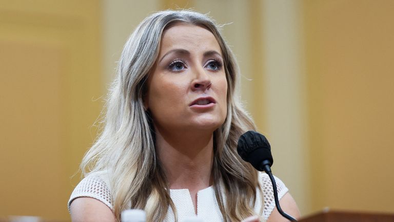 Former U.S. President Donald Trump&#39;s deputy press secretary, Sarah Matthews, looks on during a public hearing of the U.S. House Select Committee to investigate the January 6 Attack on the U.S. Capitol, on Capitol Hill, in Washington, U.S., July 21, 2022. REUTERS/Evelyn Hockstein