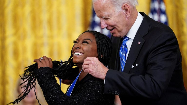 Joe Biden awards the Presidential Medal of Freedom to Olympic gymnast Simone Biles