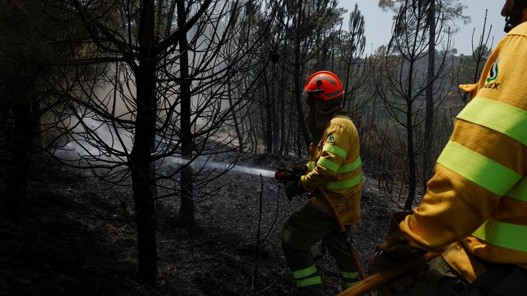 Bombeiros da Extremadura trabalham para conter um incêndio na segunda onda de calor do ano perto de Riomalo de Arriba Bombeiros da Extremadura trabalham para conter um incêndio na segunda onda de calor do ano perto de Riomalo de Arriba, Espanha, 14 de julho de 2022. REUTERS/Susana Ver