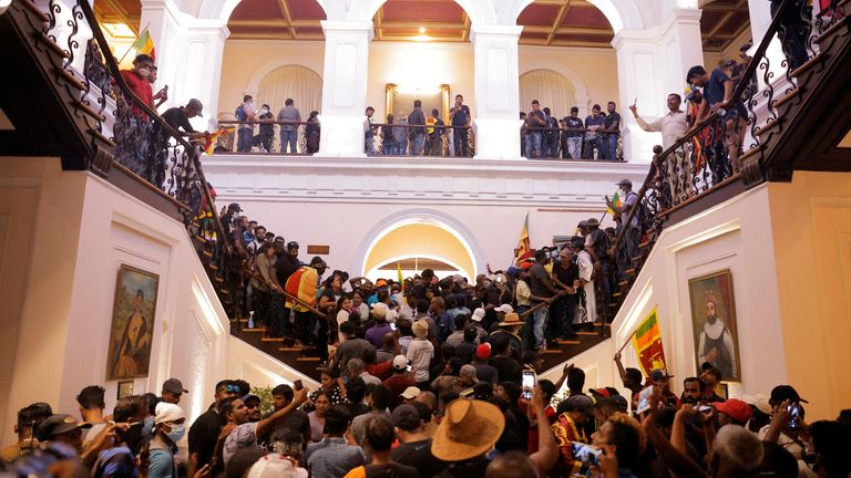 Protestors inside President Gotabaya Rajapaksa's home in Colombo. Pic: AP 