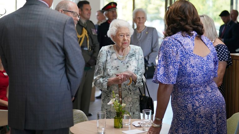 Queen Elizabeth II during a visit to officially open the new building at Thames Hospice, Maidenhead, Berkshire. Picture date: Friday July 15, 2022.
