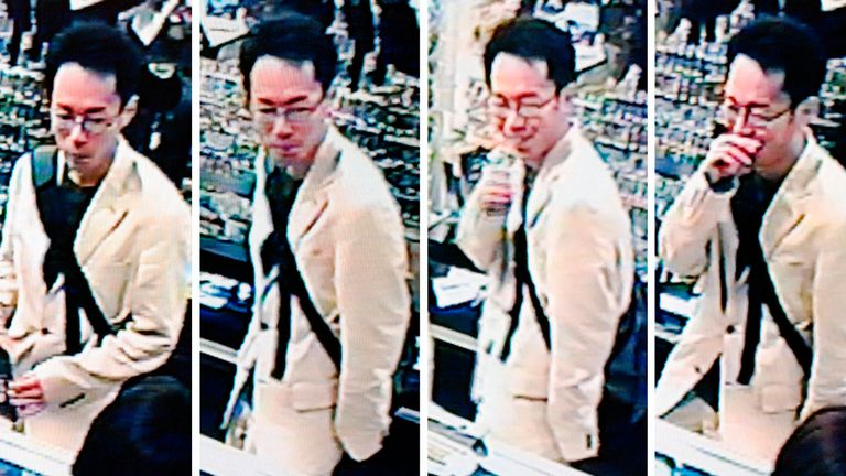 A composite image taken from surveillance camera footage shows Akihabara stabbing suspect Tomohiro Kato buying a knife at a military store in Fukui City, Japan June 6, 2008. Photo taken June 6, 2008. 2008. REUTERS / Kyodo (JAPAN).  JAPAN OUT.  NO COMMERCIAL SALE OR EDITION IN JAPAN.