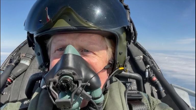 Screen grab -  
14/07/2022. Lincoln, United Kingdom. Prime Minister Boris Johnson visits RAF Coningsby. RAF Coningsby. Prime Minister Boris Johnson visits RAF Coningsby in Lincolnshire to be given a demonstration of the Typhoon fighter jet
 
