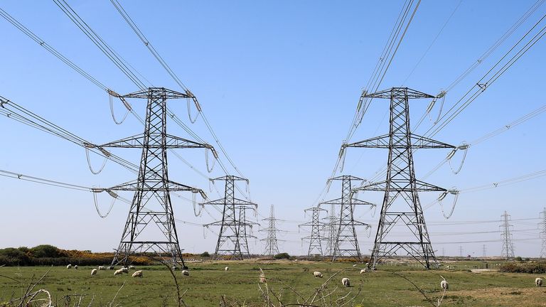 Electricity pylons carry power away from Dungeness nuclear power station in Kent as the National Grid warned that a record low demand for electricity during the UK&#39;s coronavirus lockdown could lead to windfarms and power plants being turned off to avoid overloading the electricity grid.