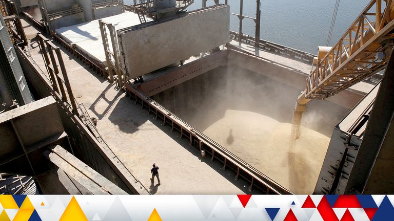 FILE PHOTO: A dockyard worker watches as barley grain is mechanically poured into a 40,000 ton ship at a Ukrainian agricultural exporter&#39;s shipment terminal in the southern Ukrainian city of Nikolaev.   REUTERS/Vincent Mundy//File Photo