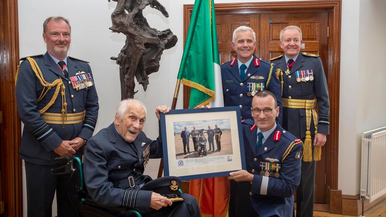 (L-R) Air Marshal Sean Reynolds,  Group Captain John &#39;Paddy&#39; Hemingway, Lieutenant General Seán Clancy, Brigadier General Rory O&#39;Connor, Air Marshal Sir Rich Knighton