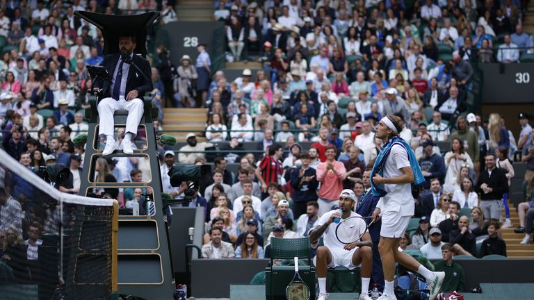 Stefanos Tsitsipas after losing break point in the third set during his Men's Singles third round match against Nick Kyrgios during day six of the 2022 Wimbledon Championships at the All England Lawn Tennis and Croquet Club, Wimbledon. Picture date: Saturday July 2, 2022.