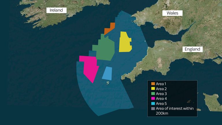 Five areas in the sea off Cornwall and Wales have been earmarked as possible floating wind farms