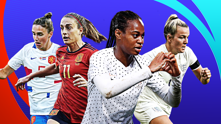 (L-R) Vivianne Miedema, Alexia Putellas, Marie-Antoinette Katoto and Lauren Hemp are among the players to watch at Euro 2022