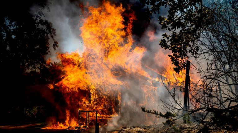 Flammen eines Eichenfeuers verschlingen ein Haus in der Triangle Road in Mariposa County, Kalifornien, Samstag, 23. Juli 2022 (AP Photo/Noah Berger)