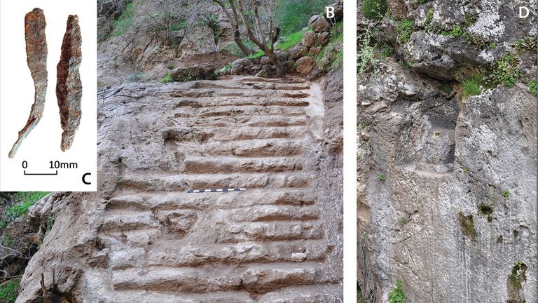 Genel izlenim, İran tanrıçası Anahita B) merdiveniyle kült bir bağlantıya işaret eden suyun belirginliği ile bir kutsal alan kompleksidir;  C) demir ok uçları;  D) sunak (ölçek = 1m) (© Rabana-Merquly Arkeoloji Projesi).