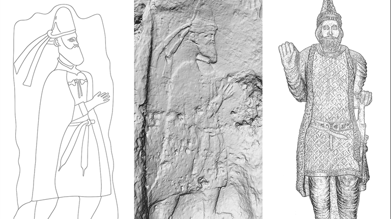 A) Merquly rock-relief; B) Rabana rock-relief; C) statue from Hatra of King ʾtlw/Attalos of Adiabene (illustrations by M. Brown; © Rabana-Merquly Archaeological Project).