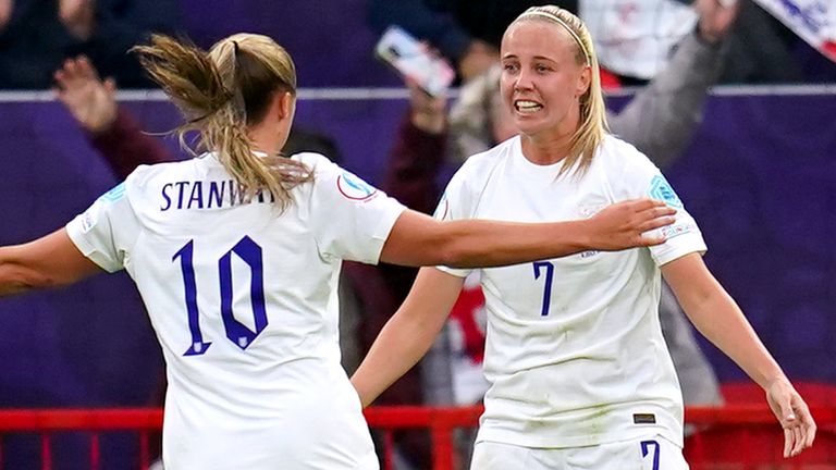 Georgia Stanway celebrates with Beth Mead (right) after her goal put England 1-0 up against Austria in their Euro 2022 opening fixture at Old Trafford