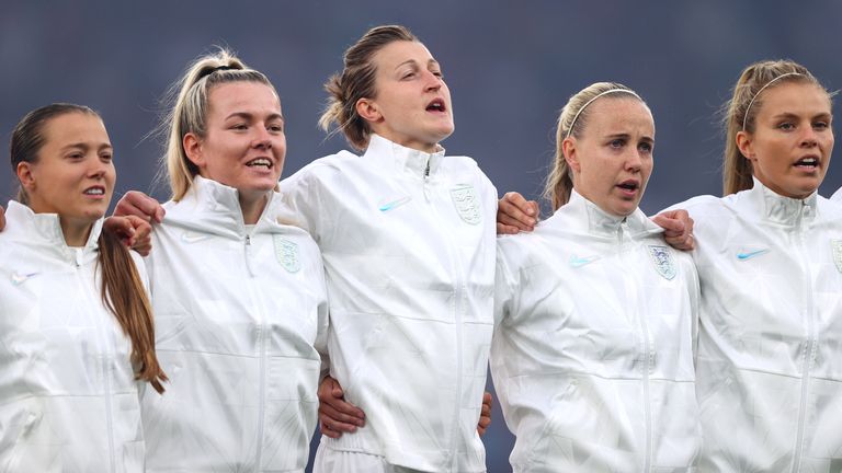 England women line-up for the national anthem before their Euro 2022 opener against Austria at Old Trafford