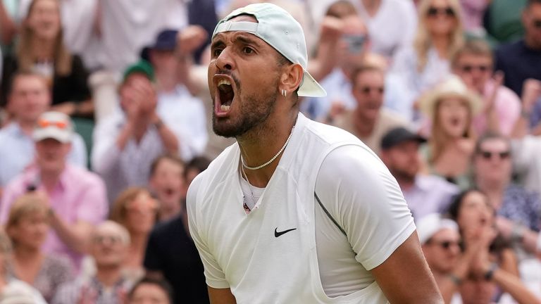 Australia&#39;s Nick Kyrgios reacts after winning a point against Brandon Nakashima of the US in a men&#39;s singles fourth round match on day eight of the Wimbledon tennis championships in London, Monday, July 4, 2022. (AP Photo/Alberto Pezzali)