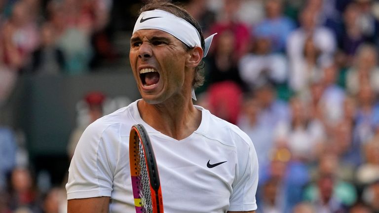 Spain&#39;s Rafael Nadal reacts after winning a point against Botic Van De Zandschulp of the Netherlands in a men&#39;s singles fourth round match on day eight of the Wimbledon tennis championships in London, Monday, July 4, 2022. (AP Photo/Alberto Pezzali)