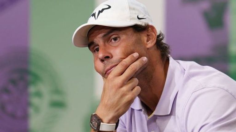 Rafael Nadal during a press conference, where he has announced he has withdrawn from Wimbledon due to injury, handing Nick Kyrgios a walkover into Sundays mens singles final. Picture date: Thursday July 7, 2022.