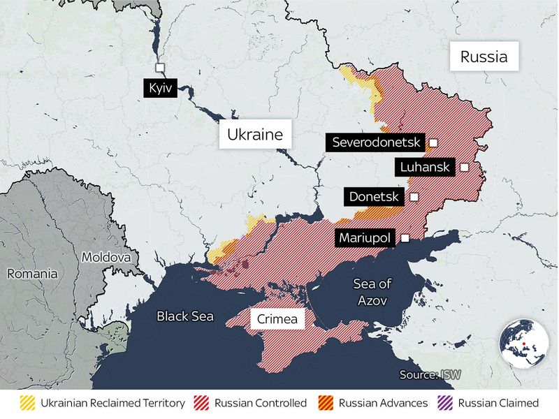 乌克兰东部地图。 战争第 131 天