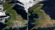 The UK on 10 July (left) and 10 August (right). Pic: NASA Worldwide 