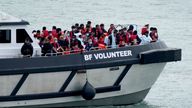 A group of people thought to be migrants are brought in to Ramsgate, Kent, onboard a Border Force vessel following a small boat incident in the Channel. Picture date: Monday August 1, 2022.

