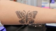 Water sprays on arm are seen with an electronic tattoo (e-tattoo) for the wettability test at the Korea Advanced Institute of Science and Technology (KAIST) in Daejeon, South Korea, July 26, 2022. REUTERS/Minwoo Park
