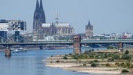 The river Rhine is pictured with low water in Cologne, Germany, Wednesday, Aug. 10, 2022. The low water levels are threatening Germany&#39;s industry as more and more ships are unable to traverse the key waterway. Severe drought will worsen in Europe in August as a hot and dry summer persists. (AP Photo/Martin Meissner)