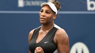 Aug 8, 2022; Toronto, ON, Canada; Serena Williams (USA) reacts after defeating Nuria Parrizas Diaz (ESP) in first round play in the National Bank Open at Sobeys Stadium. Mandatory Credit: Dan Hamilton-USA TODAY Sports 
