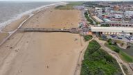 Aerial photo of the British seaside town of Skegness in the East Lindsey a district of Lincolnshire, England, showing the beach and pier 