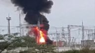 A view shows smoke rising above a transformer electric substation, which caught fire after a blast in the Dzhankoi district, Crimea, in this still image from video obtained by Reuters August 16, 2022. ATTENTION EDITORS - THIS IMAGE HAS BEEN SUPPLIED BY A THIRD PARTY. NO RESALES. NO ARCHIVES. MANDATORY CREDIT.
