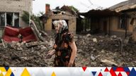 Luiza, 74, who gave only her first name, looks at destroyed houses, after military strikes in Kramatorsk, as Russia&#39;s invasion of Ukraine continues, in Donetsk region Ukraine August 12, 2022
