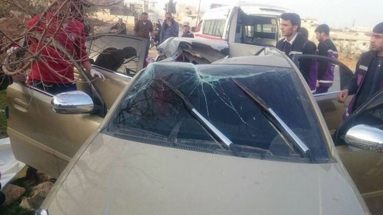 Al-Masri&#39;s Kia Sedan after the strike. Pic: Mr Raza Shaikh/Twitter