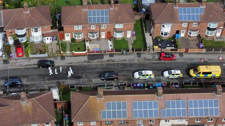 Aerial view of forensic officers at the scene in Kingsheath Avenue, Knotty Ash, Liverpool, where a nine-year-old girl was shot to death.  Officers from Merseyside Police began investigating the murder after arriving at a home at 10pm on Monday following reports that an unidentified man opened fire inside the home.  Date taken: Tuesday, August 23, 2022.