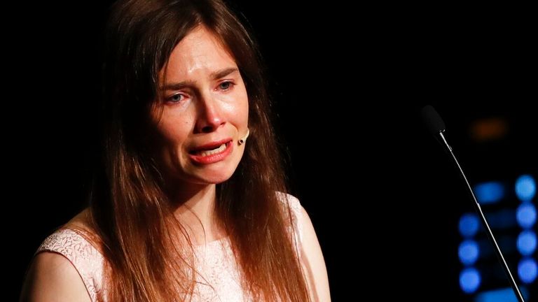 Amanda Knox gets emotional as she speaks at a criminal justice festival at the University of Modena, Italy, in 2019. Pic: AP/Antonio Calanni
