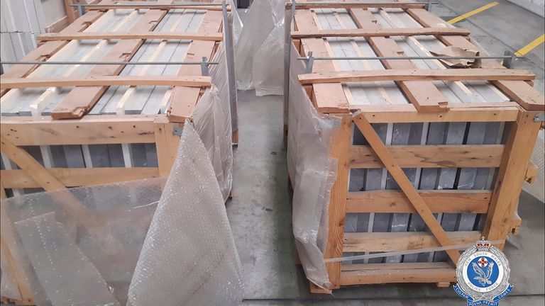 In this photo released on Aug. 26, 2022, by the New South Wales Police Force marble tiles are stored in a facility in Sydney, Australia. Authorities have found 1.8 metric tons (2 U.S. tons) of methamphetamine hidden in marble tiles shipped from the Middle East to Sydney in what police describe as the largest-ever seizure of the illicit drug in Australia. (New South Wales Police via AP)