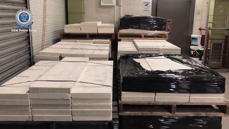 Authorities have found 1.8 metric tons (2 US tons) of methamphetamine hidden in marble tiles shipped from the Middle East to Sydney in what police describe as the largest-ever seizure of the illicit drug in Australia.