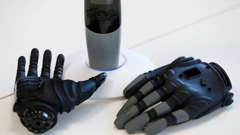 A view shows a bionic hand and gloves developed by COVVI, at Quayside Business Park in Leeds, Britain August 11, 2022. REUTERS/Craig Brough
