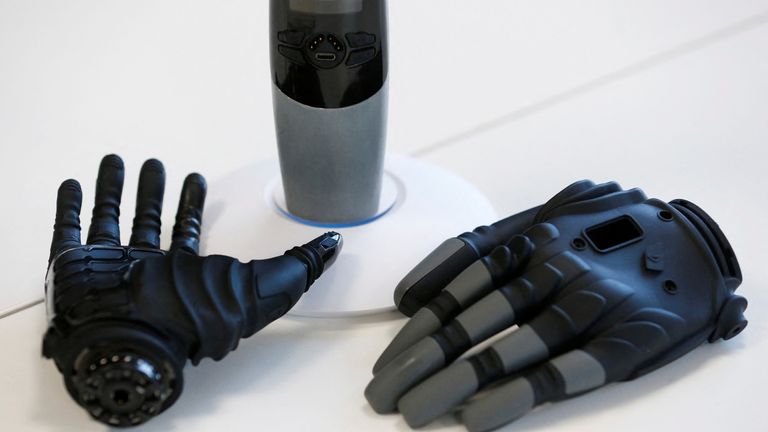 A view shows a bionic hand and gloves developed by COVVI, at Quayside Business Park in Leeds, Britain August 11, 2022. REUTERS/Craig Brough
