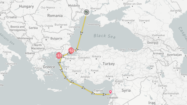 The route the Razoni will take to Lebanon