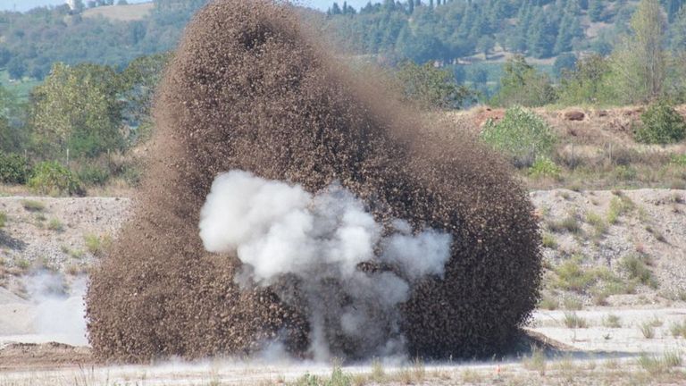 A World War II bomb discovered in the dry Po river detonated by the 10th Engineer Regiment of the Italian Army in Medole, Italy, August 7, 2022. Italian-Chinese troops. 10th Engineer Corps / REUTERS ATTENTION EDITORS - THIS IMAGE HAS BEEN PROVIDED BY THIRD PARTY.  NO ANSWER.  NO STOCK