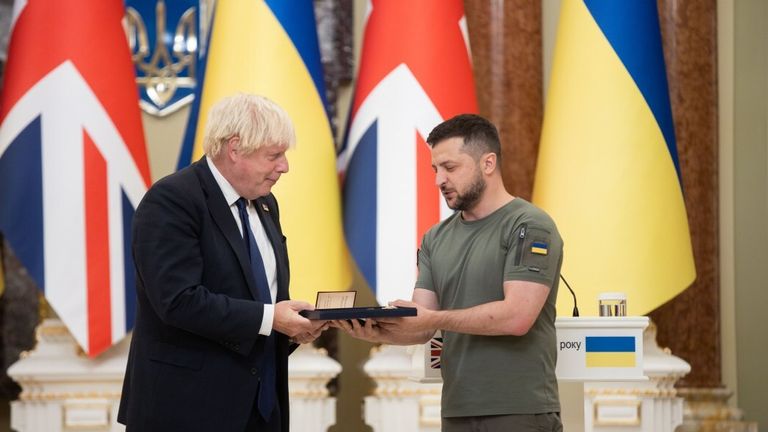 Handout photo issued by the Ukrainian Presidential Press Office of Ukrainian President Volodymyr Zelensky (right) meeting Prime Minister Boris Johnson, who has made a surprise visit to Volodymyr Zelensky in Kyiv in support of Ukraine as it marks 31 years of independence from the Soviet Union. Picture date: Wednesday August 24, 2022.

