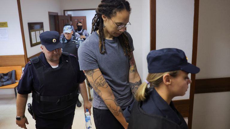 US basketball player Brittney Griner, detained at Moscow's Sheremetyevo airport and later accused of illegal cannabis possession, is escorted after court verdict in Khimki outside Moscow, Russia on August 4, 2022. REUTERS / Evgenia Novozenina
