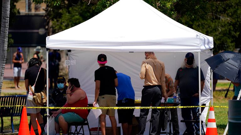 People line up at a monkeypox vaccination site in Encino, California, on 28 July. Pic: AP